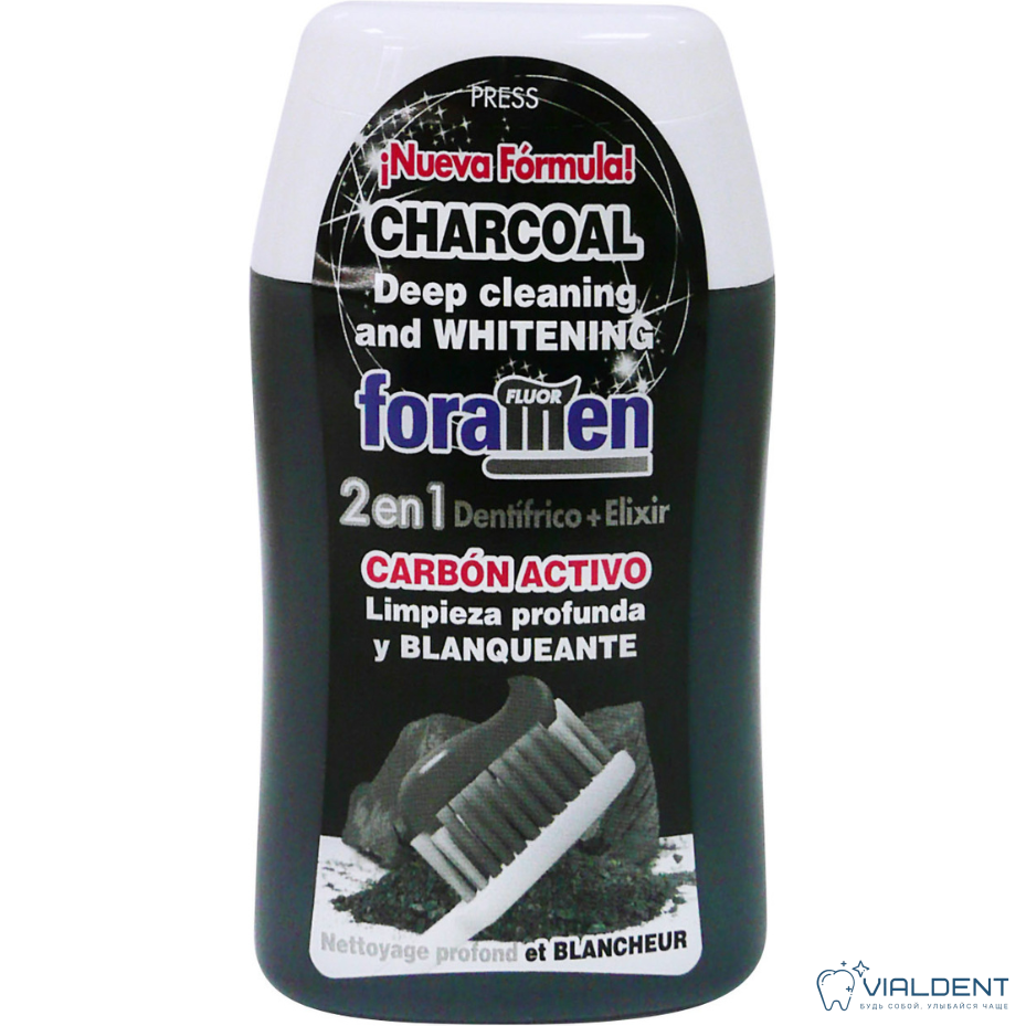 Комплекс по уходу за полостью рта CHARCOAL Комплекс по уходу за полостью рта Foramen CHARCOAL 2 в 1 (Зубная паста + ополаскиватель), 100 мл — изображение 1